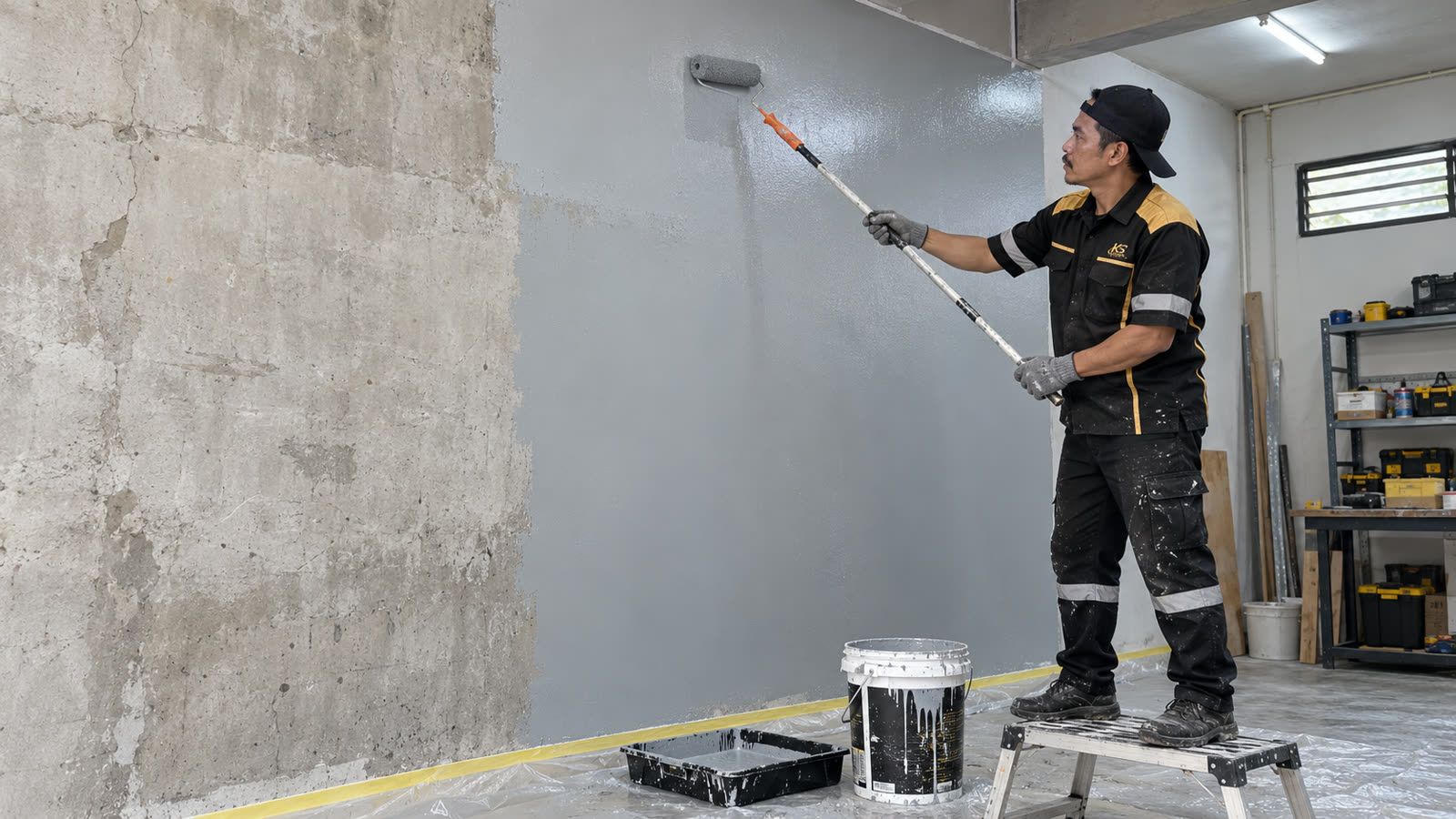 Cat epoxy dinding: pekerja menggulung lapisan epoxy abu-abu pada dinding beton