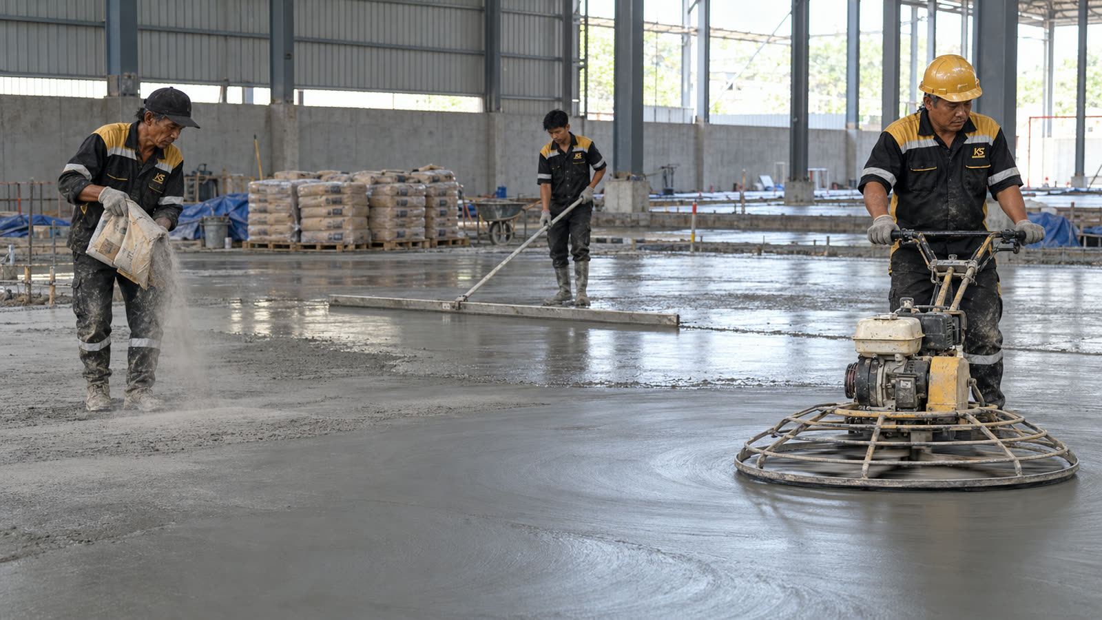 Jasa floor hardener: penaburan hardener dan finishing trowel di lantai gudang